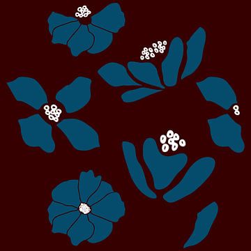 Marché aux fleurs. Art botanique moderne en bleu, blanc et bordeaux foncé. sur Dina Dankers