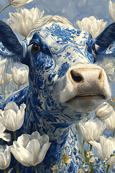Modern animal art with a Delft cow among tulips