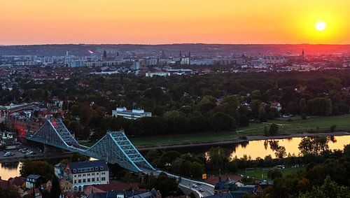 Dresden skyline with Loschwitzer bridge in the sunset