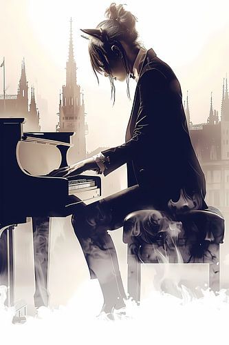 Vrouw aan Piano met Stedelijke Achtergrond