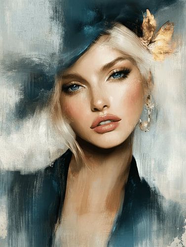 Abstract portret in blauw met gouden accenten