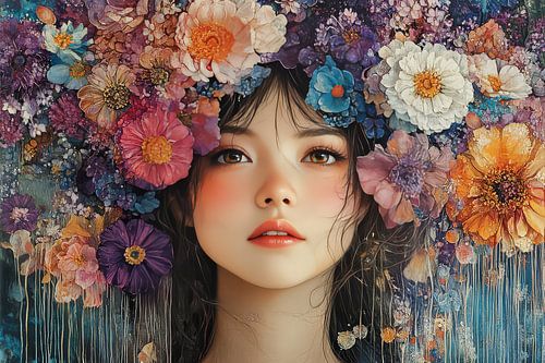 vrouw met bloemen schilderij