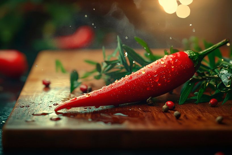 Fresh red chilli on a wooden board by Poster Art Shop