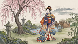 „Flüstern des Frühlings“ – Geisha im blühenden japanischen Garten von my pixel art