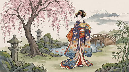 „Flüstern des Frühlings“ – Geisha im blühenden japanischen Garten