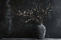 Rustic Vase and Branches on Black Background