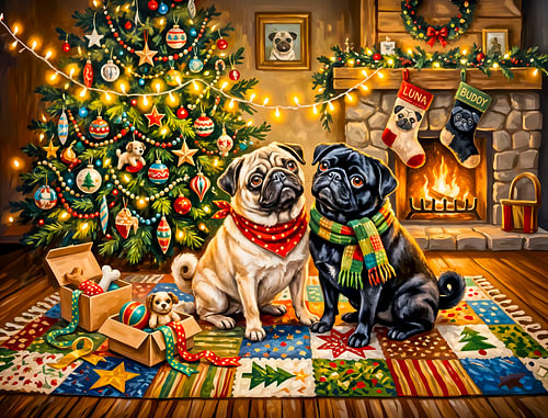 Whimsical Christmas Cottage Mops Dog Illustration