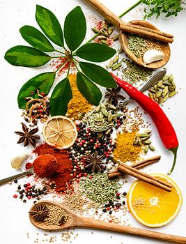 Collection of Spices and Herbs on olive wood spoons | Flat Lay Photography