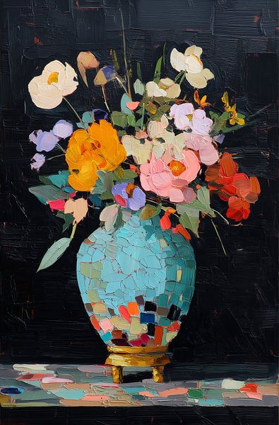 Colourful flowers in a mosaic table by Brigitta Meijer