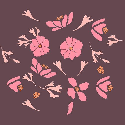 Flower market. Modern botanical art in pink, orange and purple
