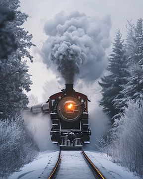 Historische trein in het winterse bos van fernlichtsicht
