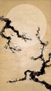 Gelassenheit in Sumi-e: Zweig mit Mond – Orientalische Zen-Kunst
