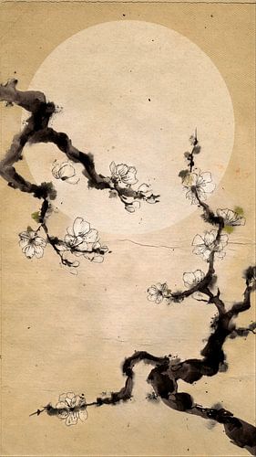Serenity in Sumi-e: Branch with Moon - Oriental Zen Art