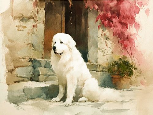 Village Guardian | Pyrenean Mountain Dog at the Old Village Door