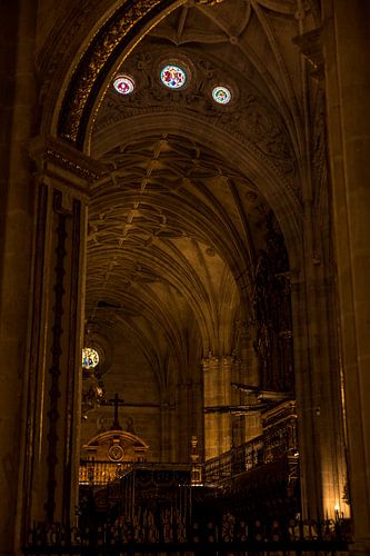 Stained glass in a dark cathedral