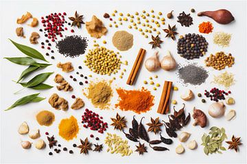 Various herbs and spices against a white background