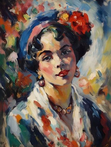 Emilie avec un chapeau bleu et une fleur rouge