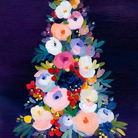 Floral Christmas tree on deep purple background in modern painting style by But First Framing