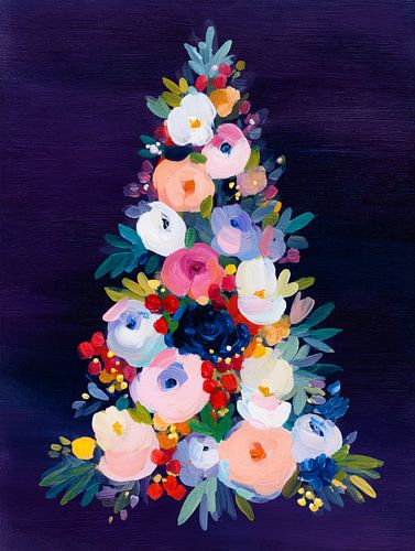 Floral Weihnachtsbaum auf tief lila Hintergrund in der modernen Malerei Stil von But First Framing