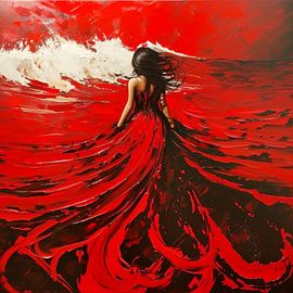 Femme Couleur Rouge Vagues Mer Surréel Océan Passion