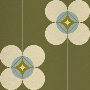 Retro Scandinavisch design geïnspireerd bloemen en bladeren in groen, blauw, beige van Dina Dankers