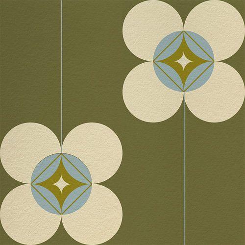Retro Scandinavisch design geïnspireerd bloemen en bladeren in groen, blauw, beige