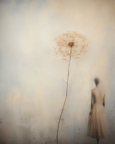 Portret met een paardenbloem en een zachte uitstraling in pastelkleuren, wabi-sabi stijl