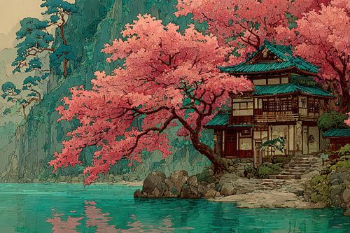 Japanse kunst met tempel in het park