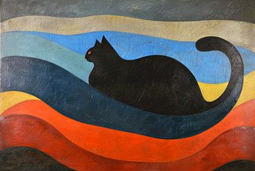 Zwarte kat met kleurrijke golvende achtergrond van De Muurdecoratie