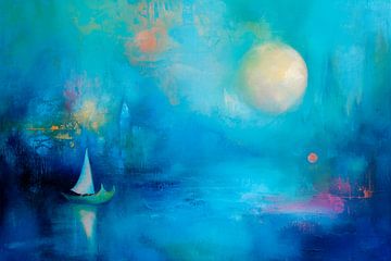 Abstract, schilderij, blauw met maanlicht van Joriali Abstract