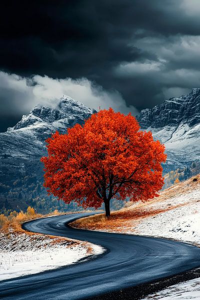 Autumn tree on a winding road by Poster Art Shop