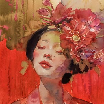Aziatisch vrouwenportret met kimono in roodtinten van Joyce de Jong