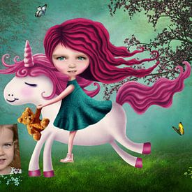 Meisje op Unicorn - Persoonlijk werk, mail je foto! van Anouk Muller - Funqy Wall Art