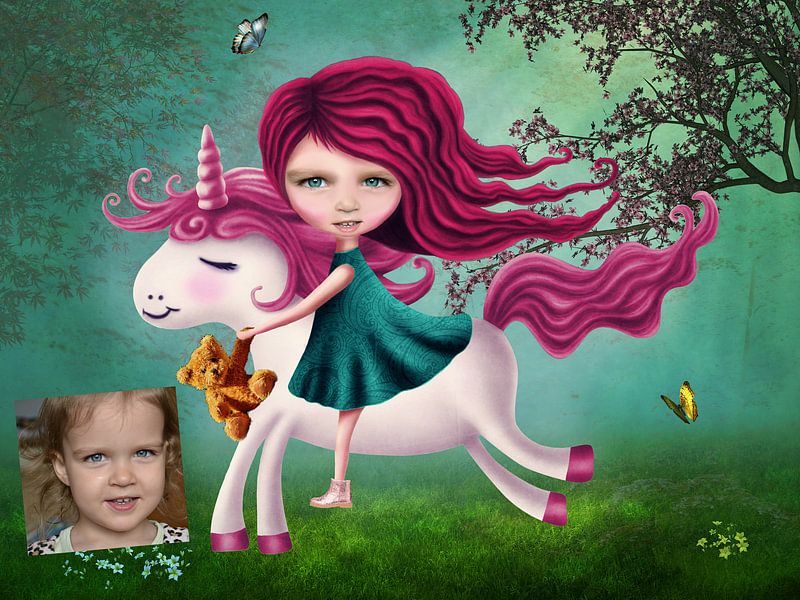 Meisje op Unicorn - Persoonlijk werk, mail je foto! von Anouk Muller - Funqy Wall Art