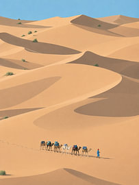 A camel caravan in the vast desert