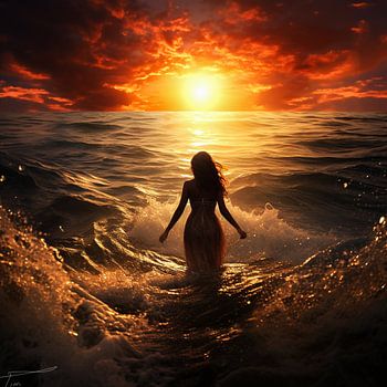 "Meerblick bei Sonnenuntergang" Spaziergang der Frau