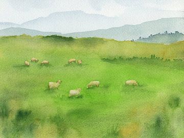 Sheep Grazing in Green Field by Karen Kaspar