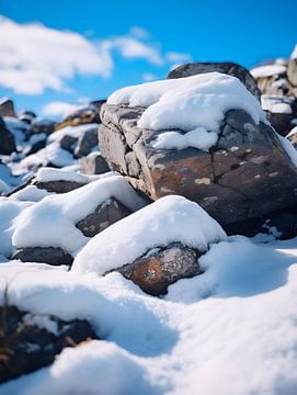 Snow-covered rocks against an alpine backdrop by drdigitaldesign