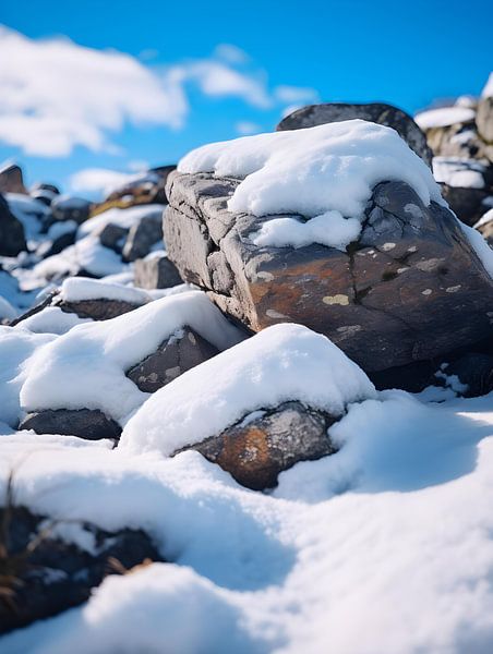 Snow-covered rocks against an alpine backdrop by drdigitaldesign