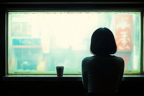 Peinzend bij koffie bij het raam