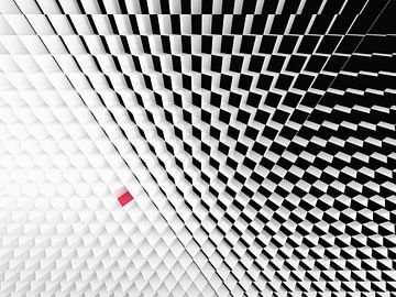 Perspectief van zwart wit kubussen met een rode kubus  van Jan Brons