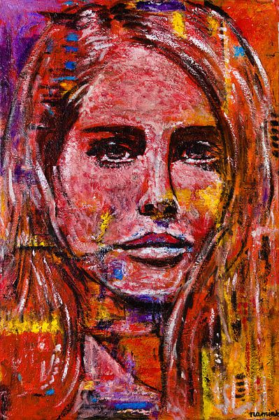 Red Woman | Schilderij portret vrouw rood van Anja Namink - Schilderijen