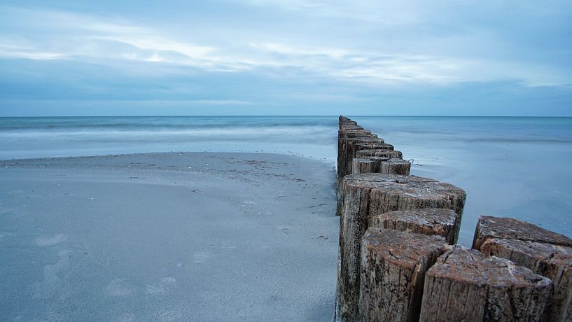 Kribben die in zee steken. Genomen in Zingst, aan de Darß. Het perspectief is gericht op de horizon van Martin Köbsch