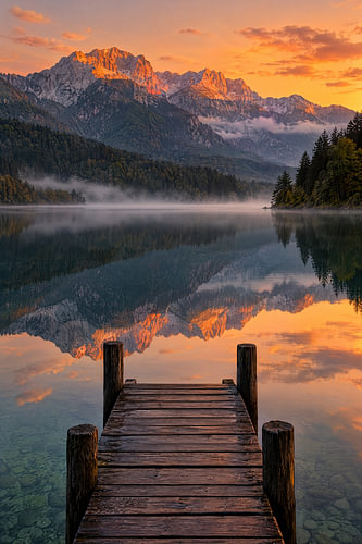 Holzsteg am Bergsee im Abendrot
