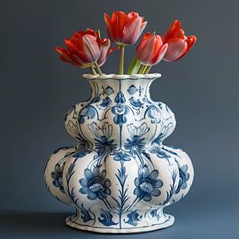 Delft blue and red tulips still life by Vlindertuin-Art
