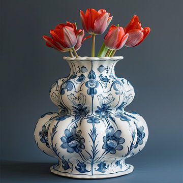 Delft blue and red tulips still life
