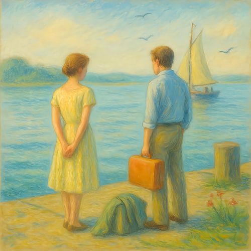 Au quai. Deux personnes attendent au bord de l'eau.  Calme et sérénité