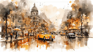 Abstrakte Malerei in der Stadt mit Taxi Einkaufszentrum Leute, Haus, Straßen Farbe, Aquarell-Kunst Design