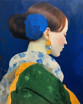 Klassiek portret in blauw, geel en groen van Carla Van Iersel