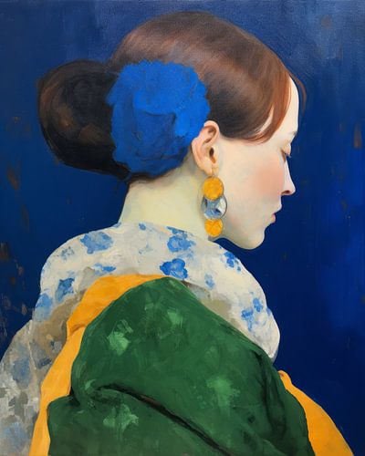 Portrait classique en bleu, jaune et vert